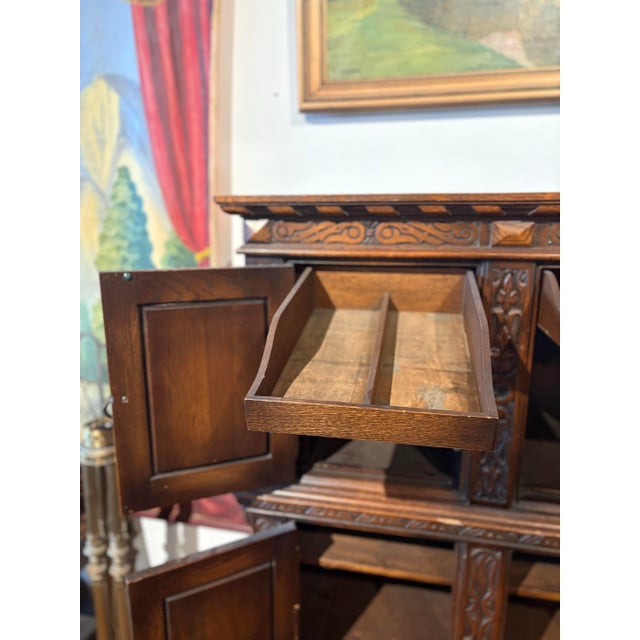 Early 20th Century Hand-Carved Gothic Revival Two-Tiered Cabinet With Iron Hardware For Sale - Image 9 of 16