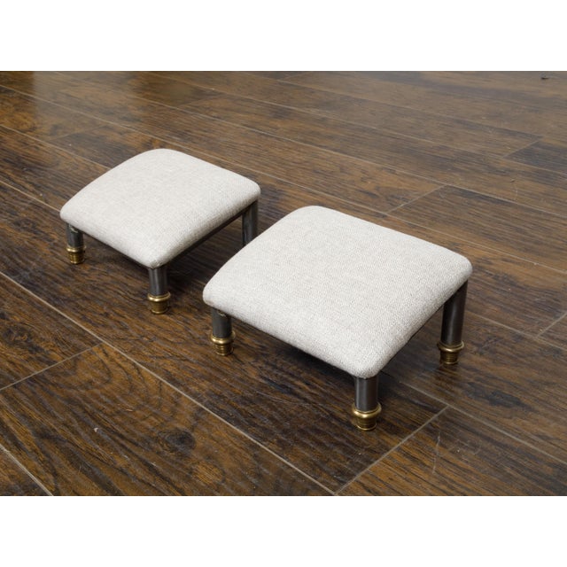 Pair of Vintage French Steel and Brass Footstools with Custom Linen Upholstery For Sale - Image 10 of 11