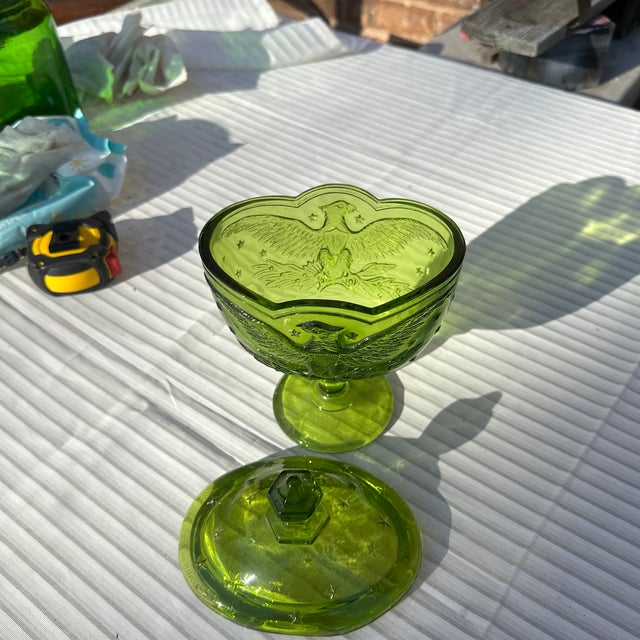 1970s Green Glass Eagle Pedestal Dish With Matching Lid For Sale In Atlanta - Image 6 of 6