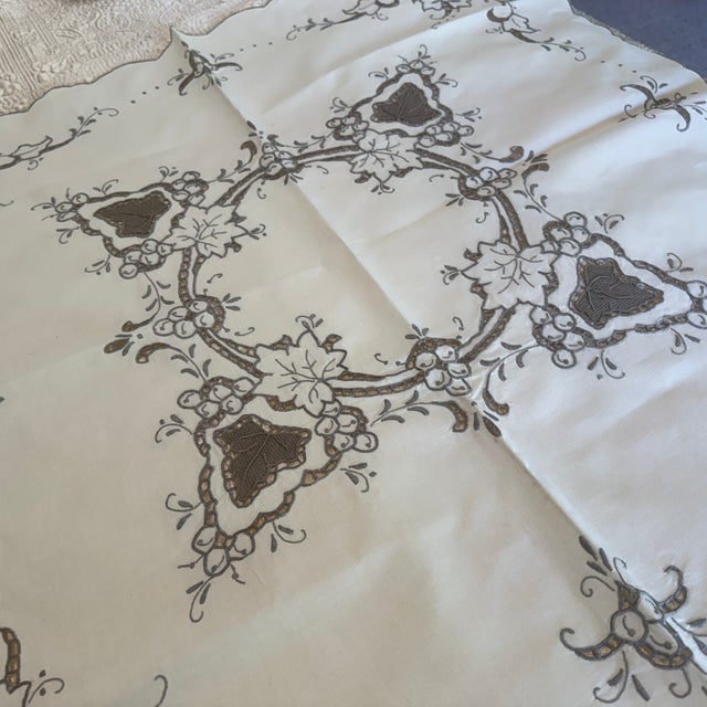 Pristine, Table Ready, Linen Tablecloth 32" X 33" and 10 Napkins c1930 Cream with Gray Trim, Rare, Pristine, Fresh, Table...