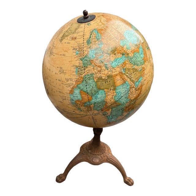 Cram's Imperial World Globe With Textured Mountain Ranges & Paw Footed Iron Base For Sale