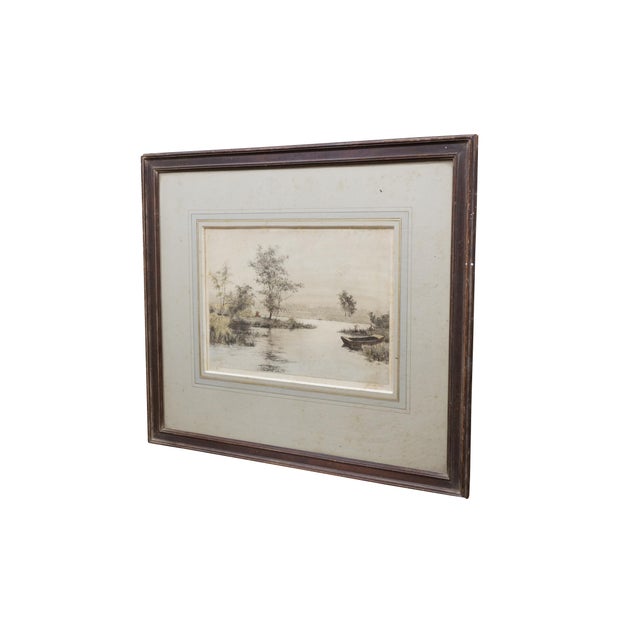Late 19th century etching by James Fagan. Coastal landscape showing a rowboat in the marsh. Pencil signed, lower right....