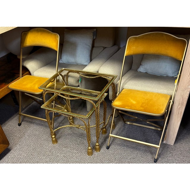 Pair of Vintage Gold Velvet Folding Bridge Chairs For Sale - Image 11 of 11