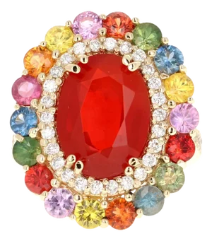 7.40 Carat Fire Opal Sapphire Diamond 14 Karat Yellow Gold Cocktail Ring Size 7