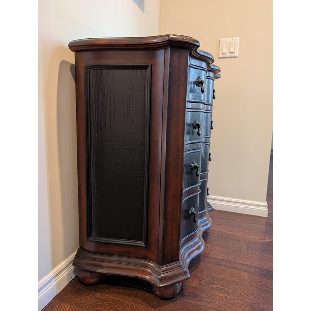 Ethan Allen's Lucca collection chest: solid fruitwood with mahogany veneers, serpentine bowed front, black crackle lacquer...
