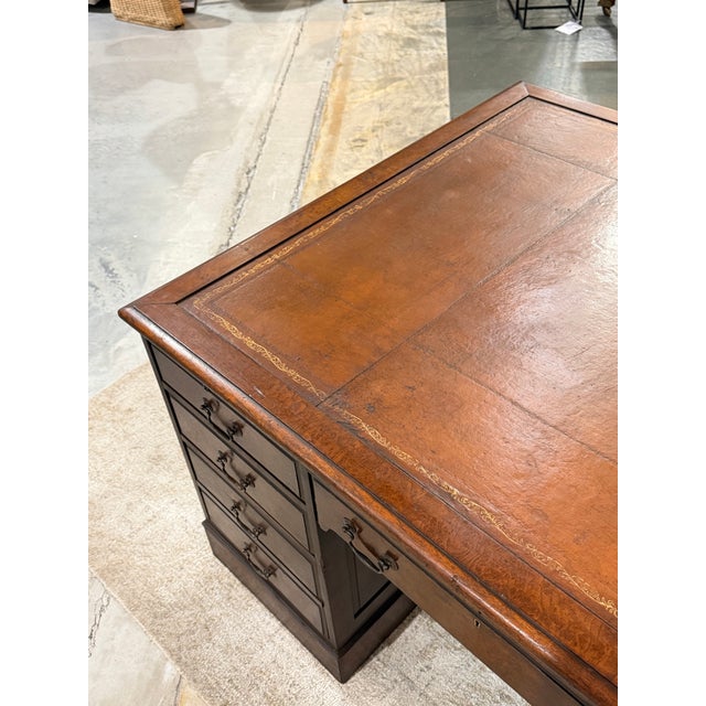 Antique English Georgian Mahogany Partners Desk With Tan Leather Inlaid Top and Brass Hardware For Sale - Image 4 of 9
