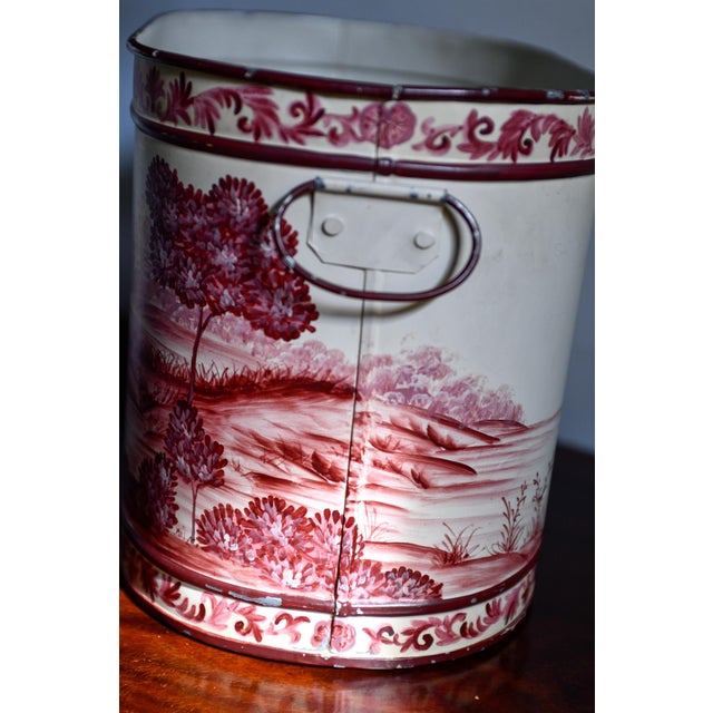 Chinoiserie 1980s Red Cream Toleware Painted Planter, Ice Bucket, Hand-Painted Pastoral River Scene, Oval Cachepot With Handles, 13.5"w For Sale - Image 3 of 9