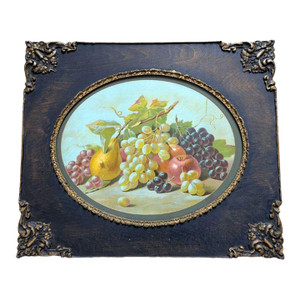 Early 20th Century, Oval Still Life Fruits Print, Elaborate Wooden Frame