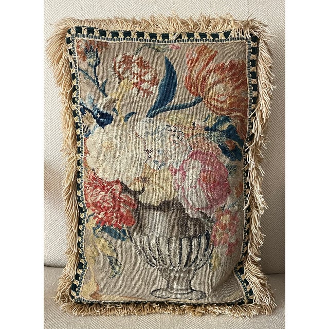 Rococo Antique 18th Century French Aubusson Floral Urn Tapestry Finished as a Pillow For Sale - Image 3 of 4