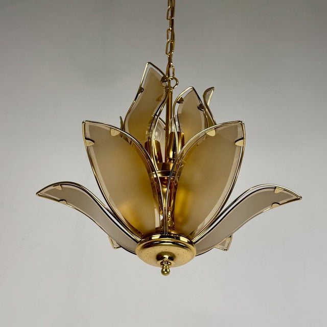 Vintage Lotus Chandelier in Brass and Brown Smoked Beveled Glass, Italy, 1980s For Sale - Image 4 of 9
