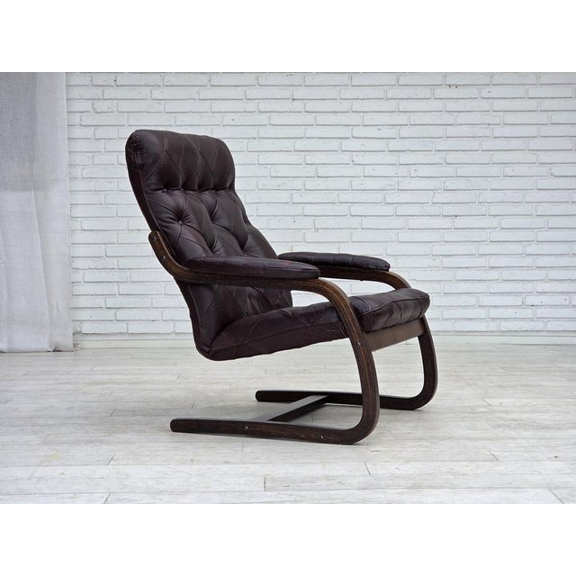 Scandinavian Lounge Chair in Brown Leather and Bentwood, 1970s For Sale - Image 18 of 18