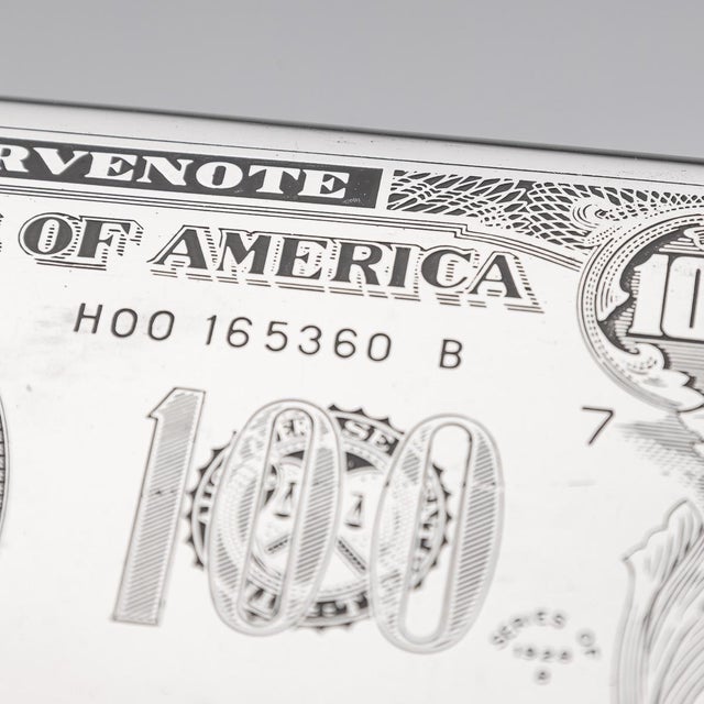 20th Century American Silver-Plated Cigarette Case & Lighter Shaped as a Hundred Dollar Bill , Set of 2 For Sale - Image 16 of 18