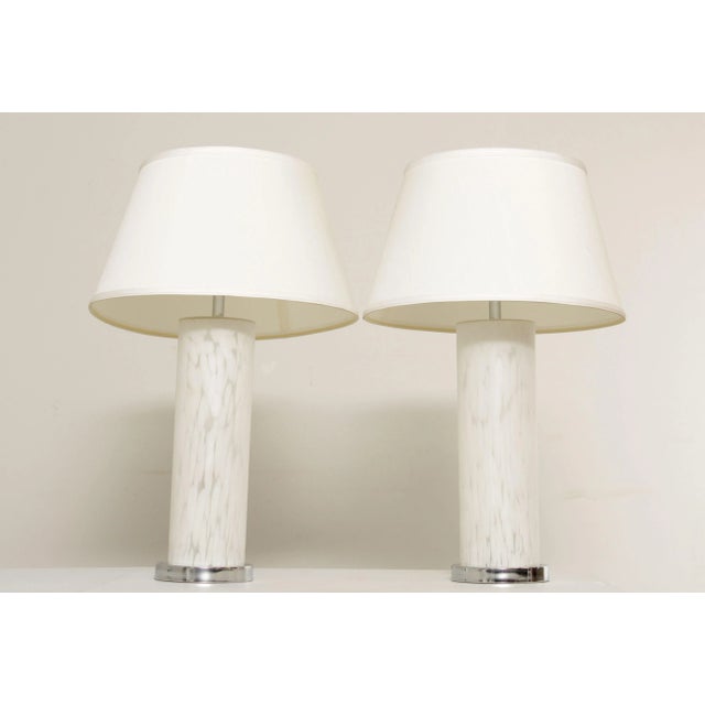 High Quality Pair of Hand Blown White Art Glass Cylinder Form Table Lamps with Custom Drum Shades