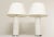 High Quality Pair of Hand Blown White Art Glass Cylinder Form Table Lamps with Custom Drum Shades