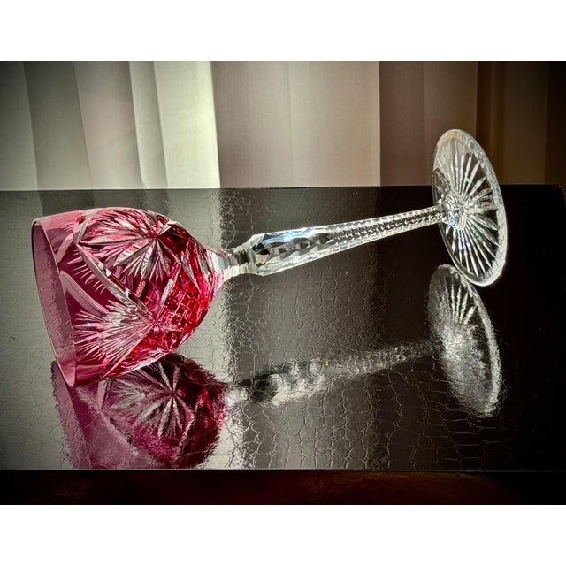 Mid 20th Century Ruby Cut Crystal Hock Glasses with Peacock and Starburst Cutting, 1950, Set of 6 For Sale - Image 5 of 18