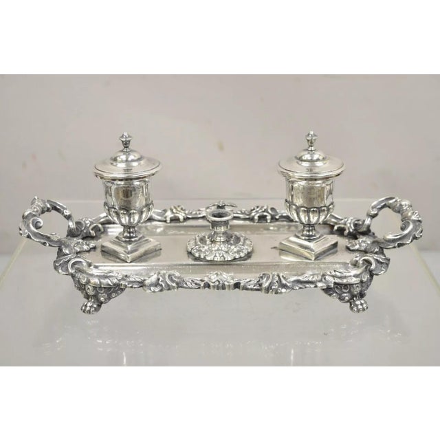 Vintage French Renaissance Silver Plated Figural Italian Inkstand Desk Inkwell For Sale - Image 12 of 12