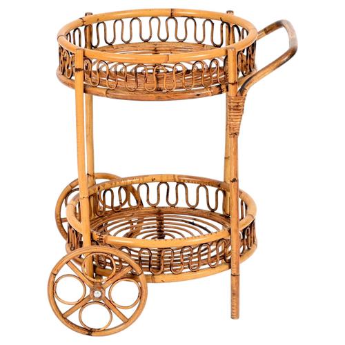Mid-Century Modern French Riviera Bamboo and Rattan Round Bar Cart by Franco Albini, 1960s For Sale - Image 11 of 11