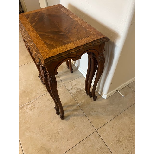 Wood Set of 3 1930s Carved Burr Walnut Nesting Tables For Sale - Image 7 of 12