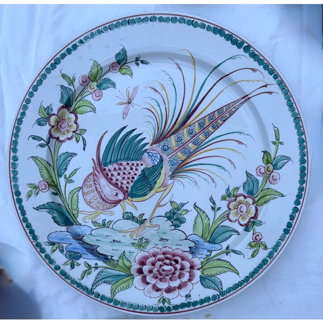 13"x 13" Anfora Sgueda HP Decorative Plate Peacock Butterflies, Flowers, Portugal, 88 10.25" x 10.25" Dinner Plate GEORGE...