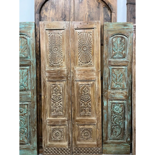 1920s Antique Carved Door Natural Wood Patina With Brass Accents, a Pair For Sale - Image 5 of 5