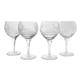 1980s Queen Lace “Americana” Crystal Wine or Water Glasses, Stag Deer - Set of 4 For Sale
