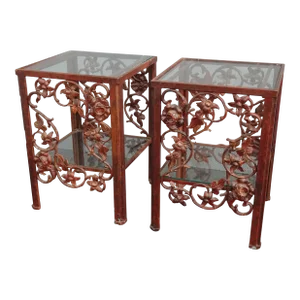 Pair of Ornate Floral Metal Brown End Tables ~ Nightstands French Country
