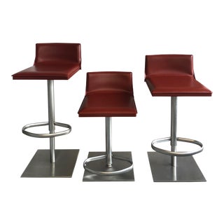 Design Within Reach Bottega Red Leather Adjustable Height Stools - Set of 3 For Sale