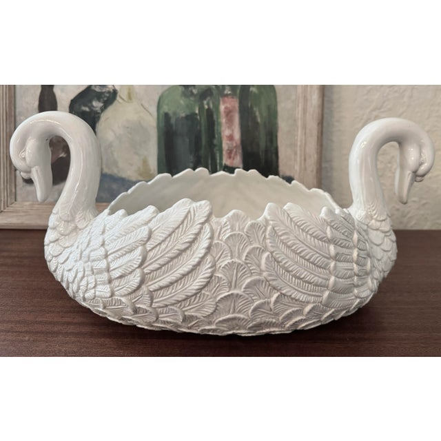 Stunning white double swan Italian centerpiece. Mid to late 20th century glazed ceramic piece, perfect for holding a large...