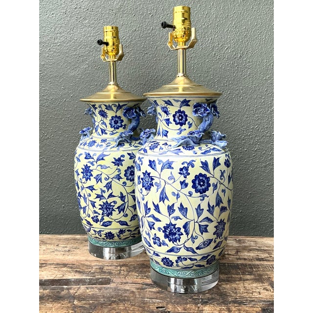 Vintage Asian Blue and White Floral Lamps - A Pair For Sale - Image 4 of 12