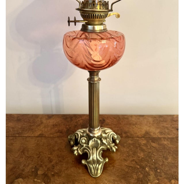 Antique Edwardian Cranberry Glass and Brass Oil Lamp, 1900 For Sale - Image 4 of 7