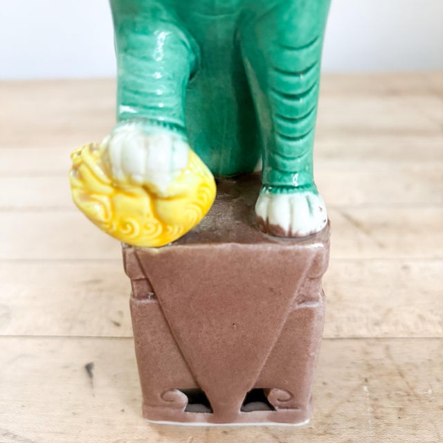 Emerald Antique Famille Verte Style Ceramic Foo Dog Pair: Green, Yellow and Brown Glazed Asian Figurines For Sale - Image 8 of 11