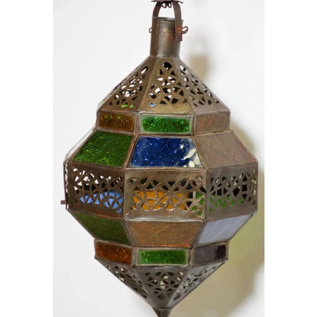 Handcrafted Moroccan Metal and Multi-Color Glass Lantern Octagonal Diamond Shape For Sale In Palm Springs - Image 6 of 13