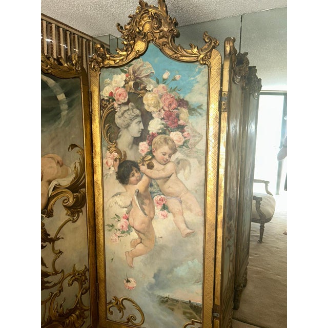 Antique French Rococo Gilded Three-Panel Hand-Painted Folding Screen With Cherubs and Floral Motifs For Sale - Image 4 of 10
