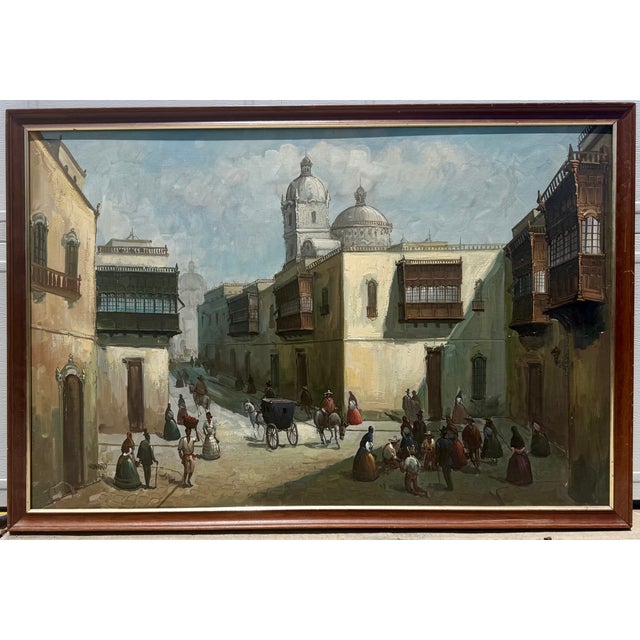 This oil painting on canvas board is by Peruvian Artist Roger Vejarano Mesarina, a well-known costumbrista painter born in...
