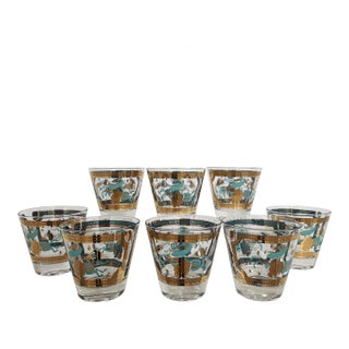 1960s Fred Press Signed Teal 22-Karat Gold Trojan T'ang Horse Cocktail Rocks Glasses - Set of 8 For Sale
