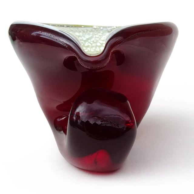 Mid 20th Century Vintage Murano Avem Deep Red Yellow Silver Flecks Italian Art Glass Seashell Sculptural Ashtray Bowl For Sale - Image 5 of 6