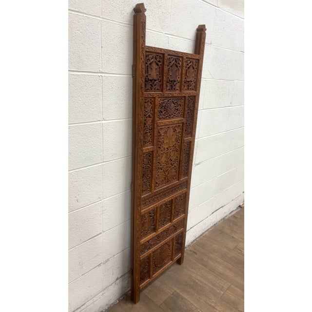 Wood Vintage Hand Carved Two Panel Teak Room Divider Folding Screen For Sale - Image 7 of 14
