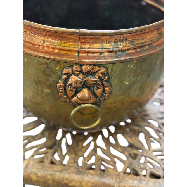 Large 14" Antique French Repoussé Copper Jardinière, 19th Century Alliance Coat of Arms Cachepot, Lion Head Handles, French Planter For Sale - Image 11 of 15