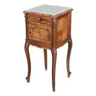 French Louis XV Style Nightstand, Walnut With Marble Top, Circa 1900s For Sale