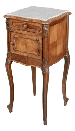 French Louis XV Style Nightstand, Walnut With Marble Top, Circa 1900s