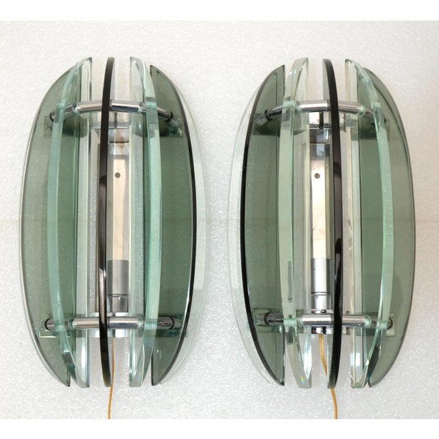 Italian Smoke Clear Green Glass Sconces by Veca Mid-Century Modern 1970 - Pair For Sale - Image 13 of 13