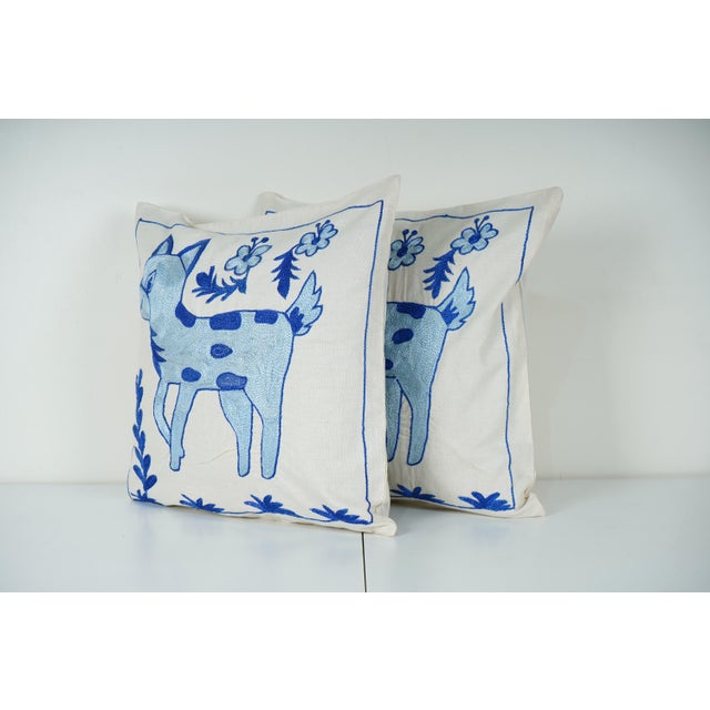 Mid-Century Modern Blue Suzani Deer Pillow Cover - A Pair For Sale - Image 3 of 6