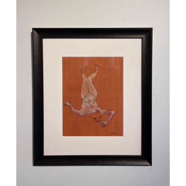 This oil on canvas paper artwork presents a figure in a relaxed pose against a warm, earthy background. The subtle...
