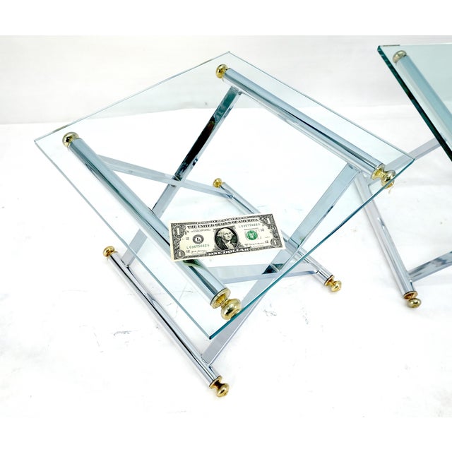 Metal Set of 3 Chrome X Bases Square Glass Tops Occasional Side End Lamp Tables For Sale - Image 7 of 11