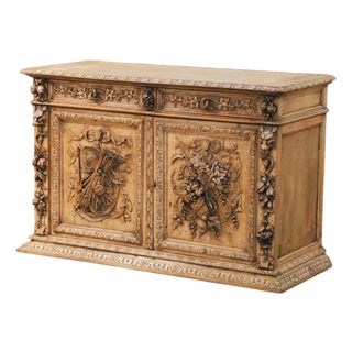 19th Century French Black Forest Carved Bleached Oak Buffet Cabinet For Sale