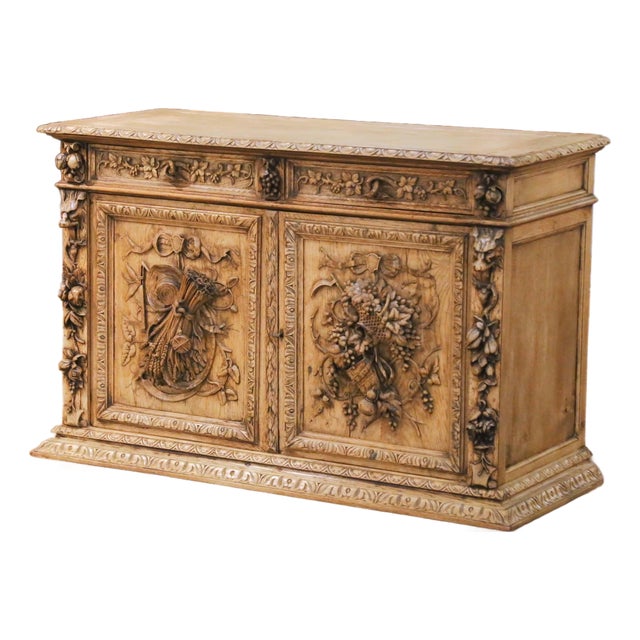 19th Century French Black Forest Carved Bleached Oak Buffet Cabinet For Sale