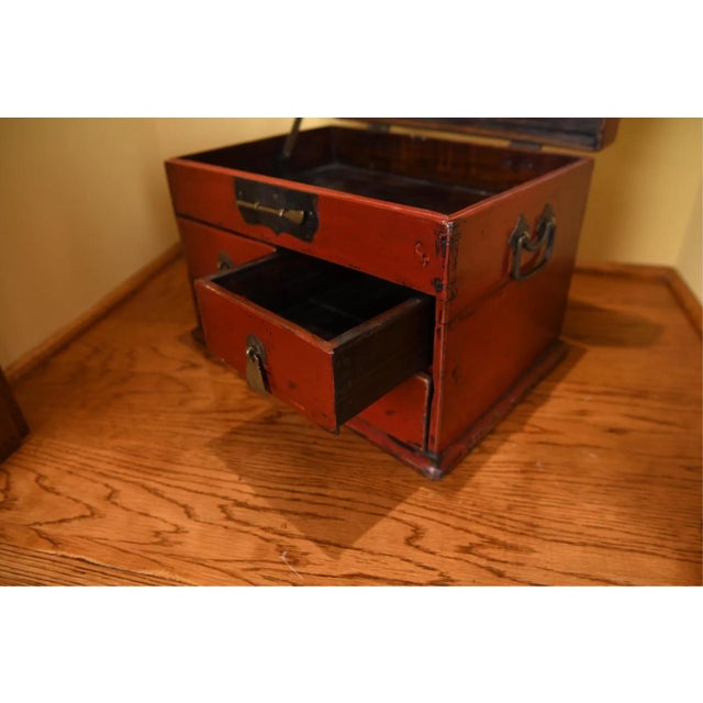 Antique Chinese Red Lacquered Wooden Chest For Sale - Image 9 of 11