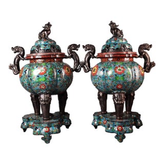 Late 20th Century Pair of Gilt Bronze Cloisonné Enamel Tripod Incense Burners With Dragon Handles For Sale