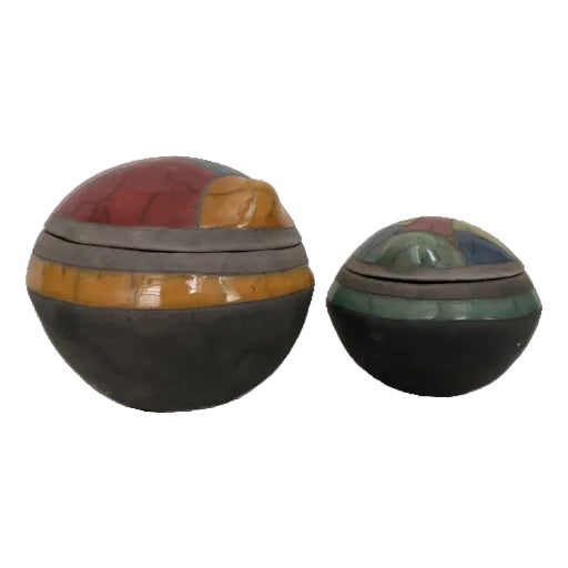 Two South African Raku Lidded Round Pottery Boxes With Patchwork ...