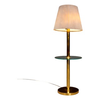 Mid-Century Modern Brass Floor Lamp with Integrated Glass Shelf and Pleated Shade, Italy, 1960s - Lot 902 For Sale